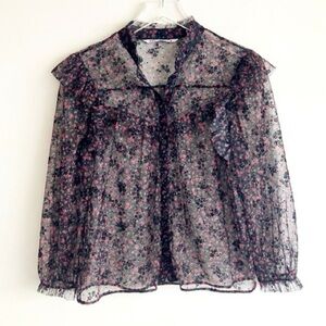 Zara Floral Sheer Black Button Down Blouse with Ruffles Size Medium Women’s